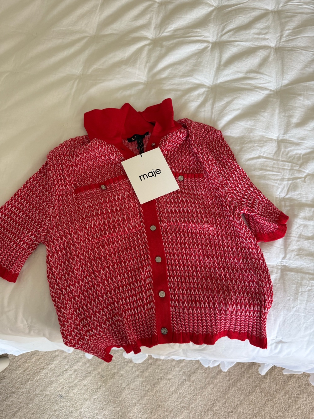 Maje Red Knit Short-Sleeve Cardigan